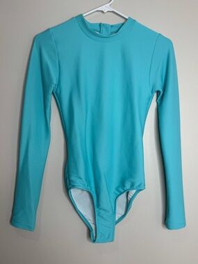 Seafolly Girls Aqua Blue Ribbed Long Sleeve High Neck One Piece Swimsuit Size 14